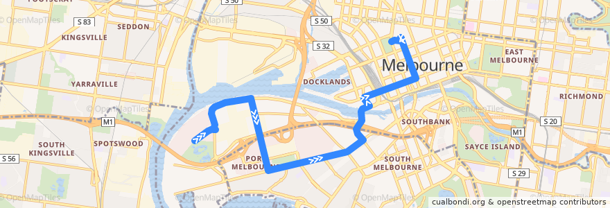 Mapa del recorrido Bus 235: Fishermans Bend => Williamstown Road => City (Queen Victoria Market) de la línea  en 멜버른.