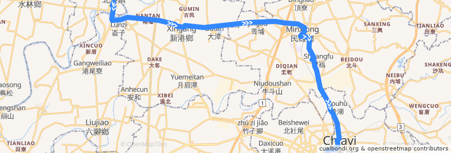 Mapa del recorrido 公路客運 7202C: 北港→嘉義(經民雄, 繞駛吳鳯科技大學, 返程) de la línea  en 嘉義縣.