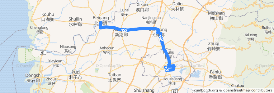 Mapa del recorrido 公路客運 7202B: 嘉義→北港(經民雄, 經嘉義市學區, 往程) de la línea  en Цзяи.