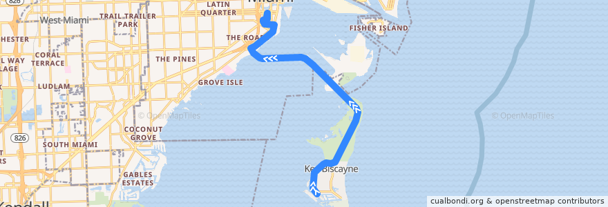 Mapa del recorrido MDT 102 (B): Key Biscayne => Brickell Station via Harbor de la línea  en Miami-Dade County.