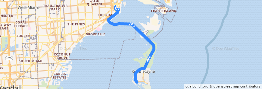 Mapa del recorrido MDT 102 (B): Brickell Station => Key Biscayne via Harbor de la línea  en Miami-Dade County.