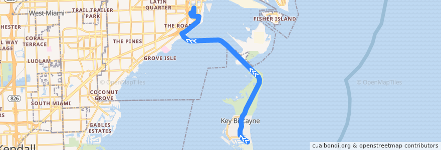 Mapa del recorrido MDT 102 (B): Key Biscayne => Brickell Station via Crandon de la línea  en Comté de Miami-Dade.