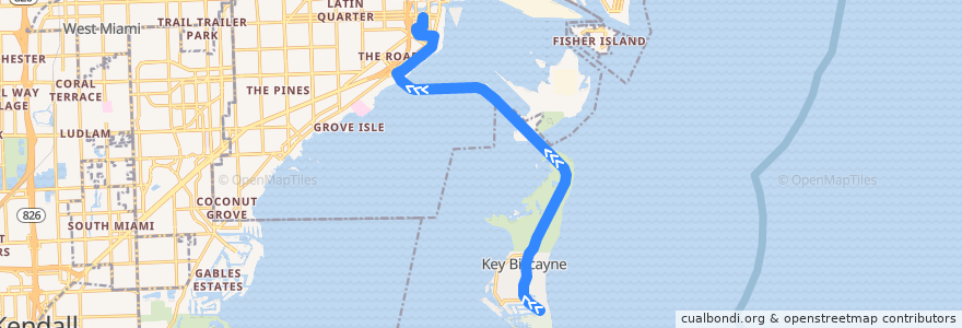 Mapa del recorrido MDT 102 (B): Key Biscayne => Brickell Station via Crandon de la línea  en Condado de Miami-Dade.
