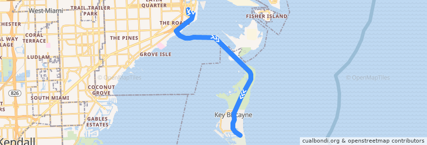 Mapa del recorrido MDT 102 (B): Brickell Station => Key Biscayne via Crandon de la línea  en Майами-Дейд.