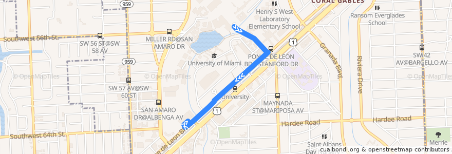 Mapa del recorrido UMiami Stanford Express: Stanford Circle => Ponce Garage de la línea  en Coral Gables.