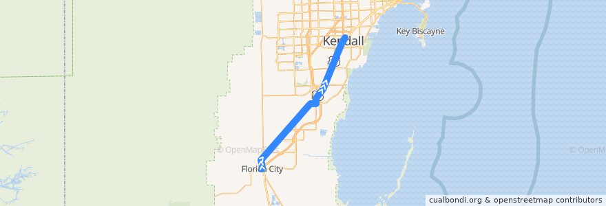 Mapa del recorrido MDT 38: Florida City => Dadeland South Station de la línea  en Condado de Miami-Dade.