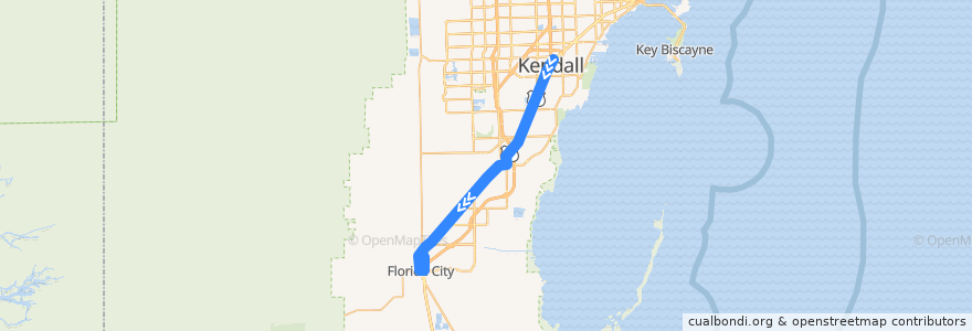 Mapa del recorrido MDT 38: Dadeland South Station => Florida City de la línea  en شهرستان میامی-دید، فلوریدا.