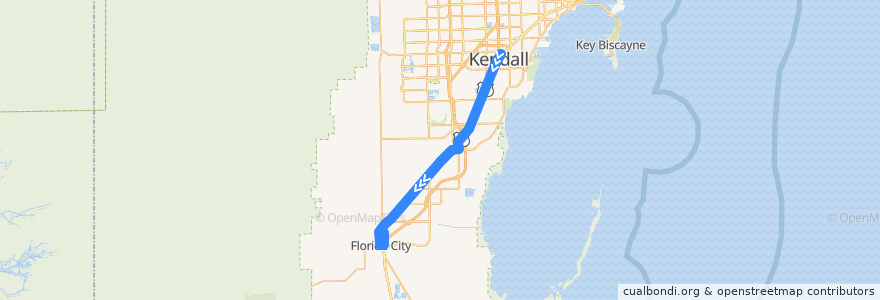 Mapa del recorrido MDT 38: Dadeland South Station => Florida City de la línea  en Майами-Дейд.