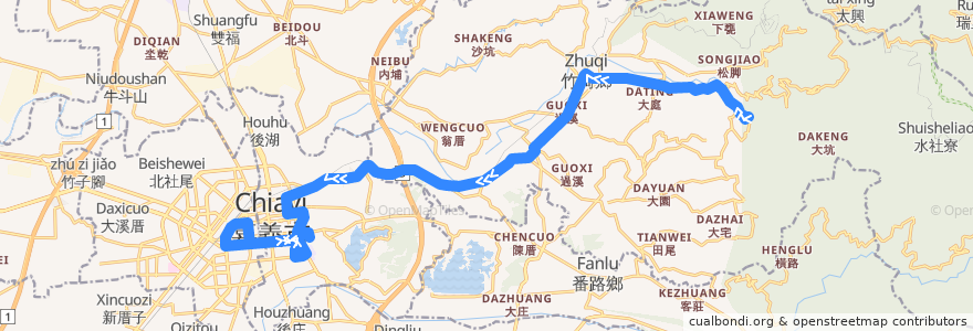 Mapa del recorrido 公路客運 7312A: 溪心寮→嘉義(繞駛嘉義市學區, 返程) de la línea  en Chiayi County.