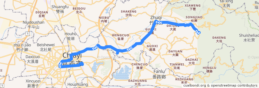 Mapa del recorrido 公路客運 7312B: 溪心寮→嘉義(繞駛灣橋分院, 返程) de la línea  en 嘉義縣.