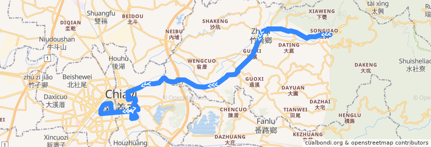 Mapa del recorrido 公路客運 7321B: 松腳→嘉義(繞駛嘉義市學區, 返程) de la línea  en Comté de Chiayi.