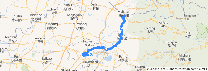 Mapa del recorrido 公路客運 7323D: 嘉義→梅山(經竹崎, 繞駛灣橋分院, 往程) de la línea  en Condado de Chiayi.