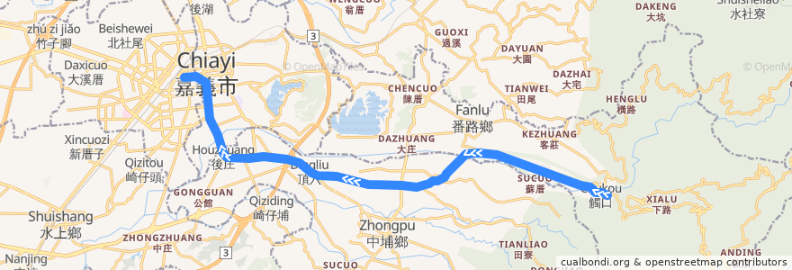 Mapa del recorrido 公路客運 7216: 觸口→嘉義(返程) de la línea  en Landkreis Chiayi.