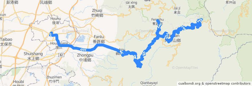 Mapa del recorrido 公路客運 7322D: 阿里山→嘉義(台灣好行B線, 繞駛奮起湖, 返程) de la línea  en 자이 현.