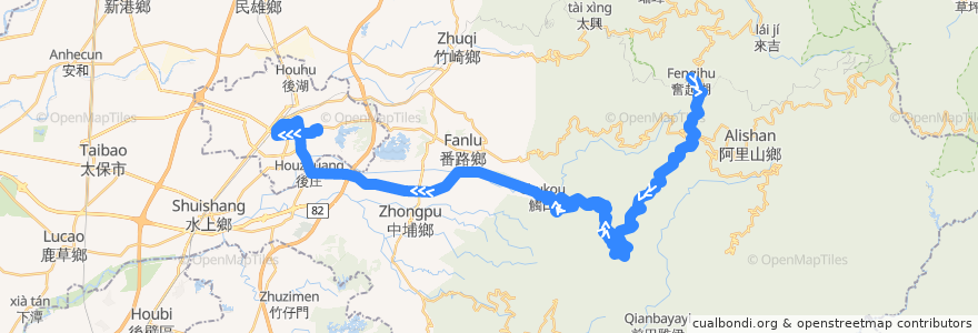 Mapa del recorrido 公路客運 7302: 奮起湖→嘉義(返程) de la línea  en Chiayi County.