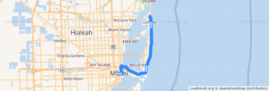 Mapa del recorrido MDT 120: Downtown Miami => Haulover Park de la línea  en Miami-Dade County.