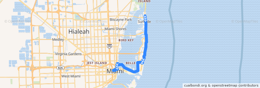 Mapa del recorrido MDT 119 (S): Aventura Mall => Downtown Miami de la línea  en مقاطعة ميامي داد.