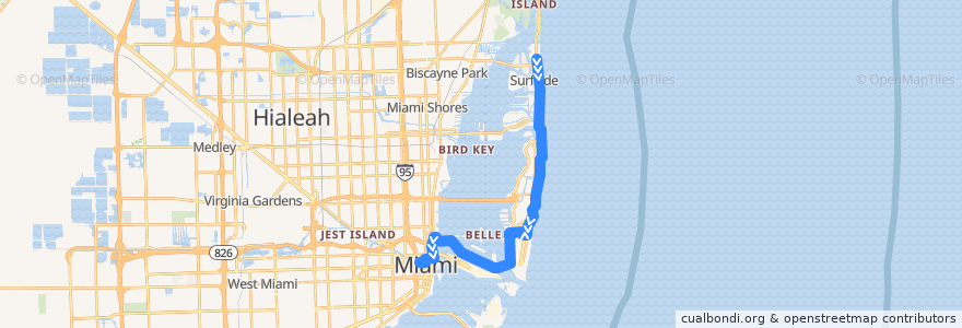 Mapa del recorrido MDT 119 (S): Aventura Mall => Downtown Miami de la línea  en Майами-Дейд.