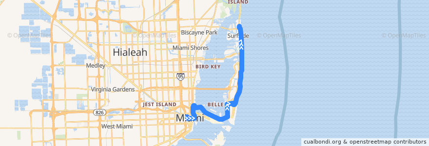 Mapa del recorrido MDT 119 (S): Downtown Miami => Aventura Mall de la línea  en Miami-Dade County.