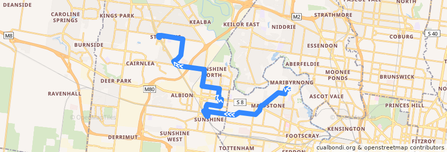 Mapa del recorrido Bus 408: Highpoint Shopping Centre => Sunshine Station => St Albans Station de la línea  en Melbourne.