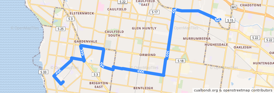 Mapa del recorrido Bus 626: Chadstone => Carnegie & McKinnon => Middle Brighton de la línea  en Melbourne.