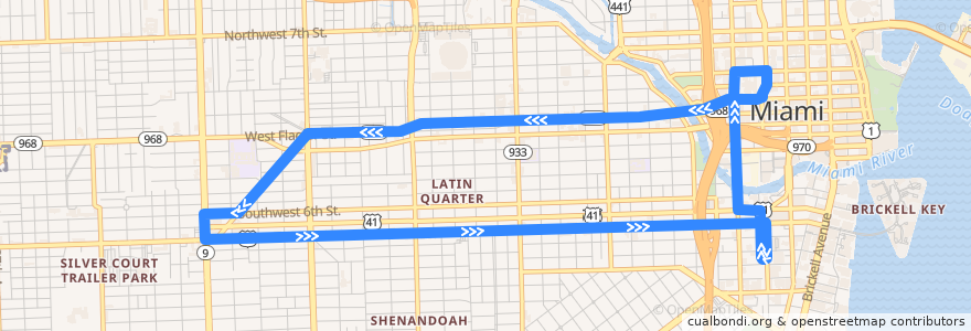 Mapa del recorrido MDT 208: Brickell Station => Flagler Street / Southwest 8th Street => Brickell Station de la línea  en Майами.