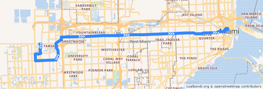 Mapa del recorrido MDT 51: 137th Avenue => Downtown Miami de la línea  en 迈阿密-戴德县/邁亞美戴德縣/邁阿密-戴德郡.