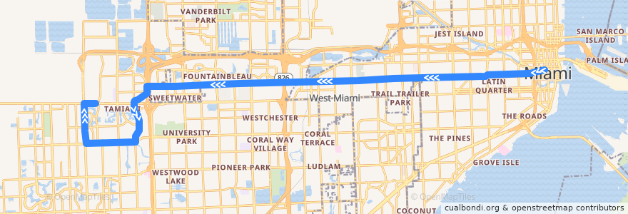 Mapa del recorrido MDT 51: Downtown Miami => 137th Avenue de la línea  en 迈阿密-戴德县/邁亞美戴德縣/邁阿密-戴德郡.