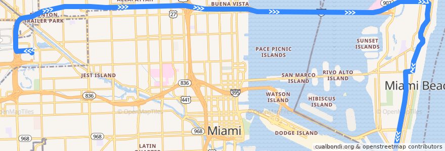 Mapa del recorrido MDT 150: Airport Station => South Beach de la línea  en Майами-Дейд.