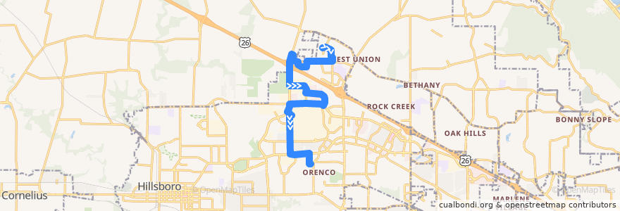 Mapa del recorrido North Hillsboro Link: Westmark Center => Orenco Station de la línea  en Hillsboro.