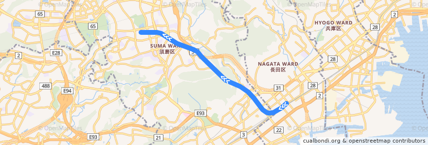 Mapa del recorrido 神戸市営地下鉄西神線 de la línea  en Suma Ward.