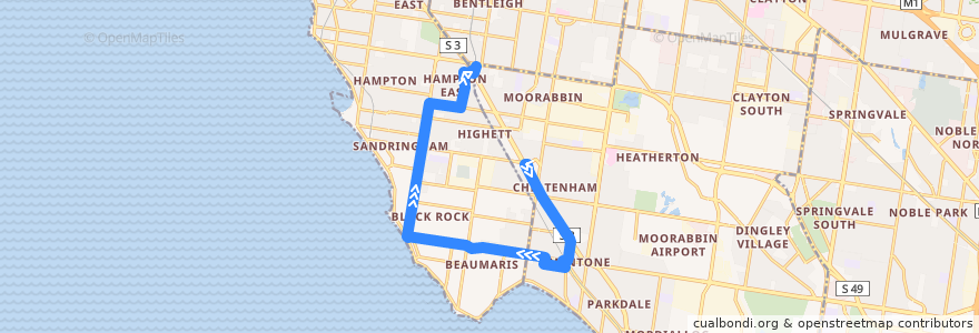 Mapa del recorrido Bus 825: Southland => Mentone & Black Rock => Moorabbin de la línea  en Melbourne.