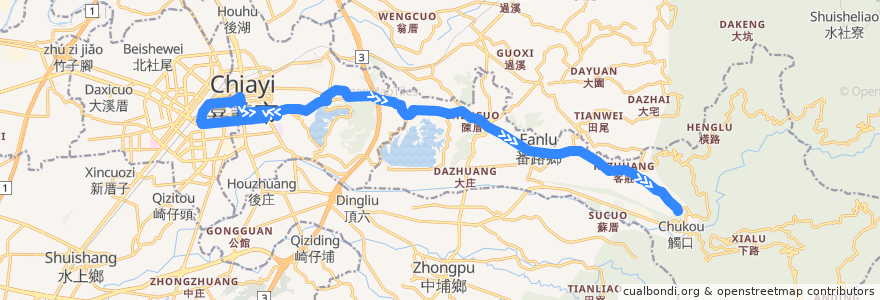 Mapa del recorrido 公路客運 7311: 嘉義→埔尾(往程) de la línea  en Contea di Chiayi.