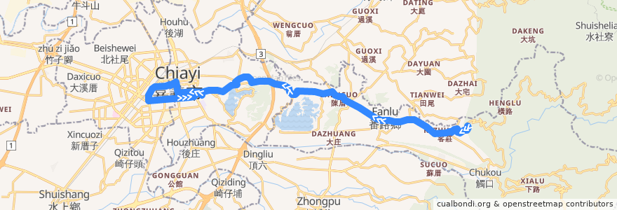 Mapa del recorrido 公路客運 7308: 半天岩→嘉義(往程) de la línea  en Landkreis Chiayi.