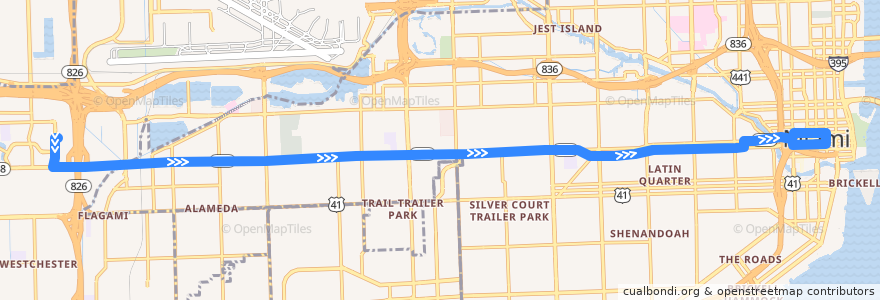 Mapa del recorrido MDT 11: Mall of Americas => Downtown Miami de la línea  en Comté de Miami-Dade.