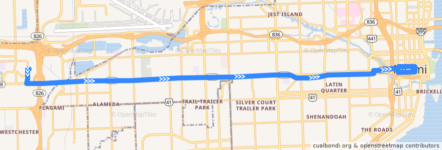Mapa del recorrido MDT 11: Mall of Americas => Downtown Miami de la línea  en Miami-Dade County.