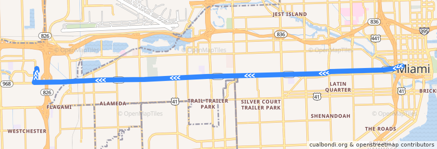 Mapa del recorrido MDT 11: Downtown Miami => Mall of Americas de la línea  en Miami-Dade County.