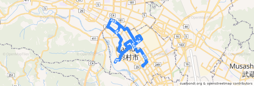 Mapa del recorrido 小作コース（内廻り） de la línea  en 羽村市.