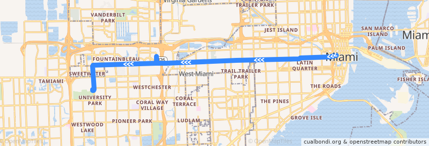 Mapa del recorrido MDT 11: Downtown Miami => Mall of Americas => FIU South de la línea  en Miami-Dade County.