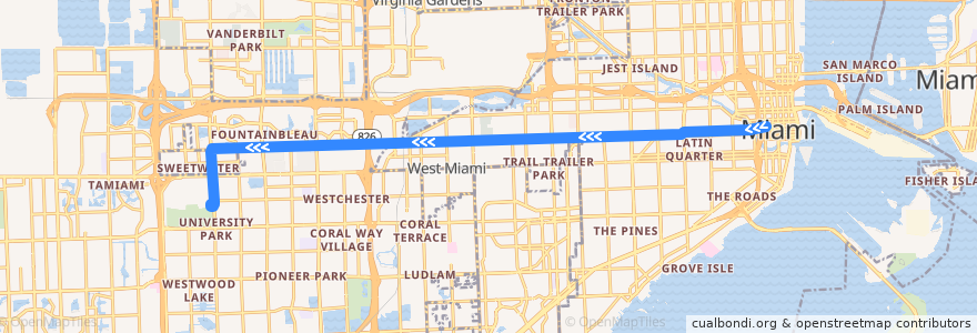 Mapa del recorrido MDT 11: Downtown Miami => FIU South de la línea  en Contea di Miami-Dade.