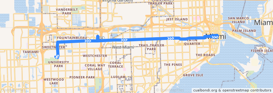 Mapa del recorrido MDT 11: FIU South => Mall of Americas => Downtown Miami de la línea  en Miami-Dade County.