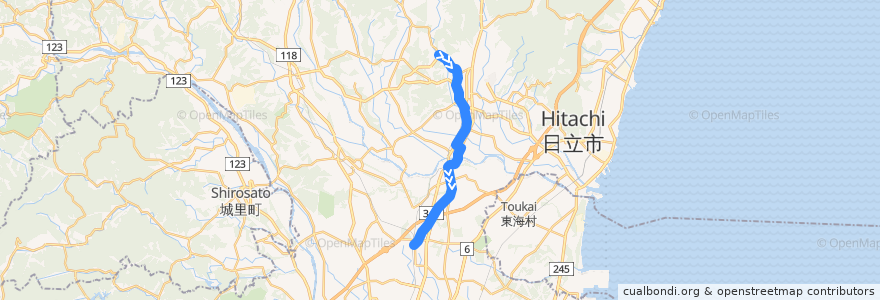 Mapa del recorrido 茨城交通バス上菅04系統 増井車庫・常陸太田駅⇒道の駅ひたちおおた⇒上菅谷駅 de la línea  en Prefettura di Ibaraki.