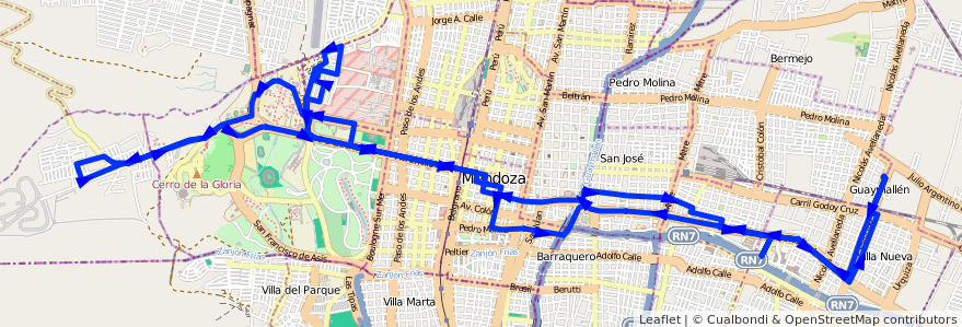 Mapa del recorrido 112 - B° La Favorita - Hospital Notti de la línea G03 en Mendoza.