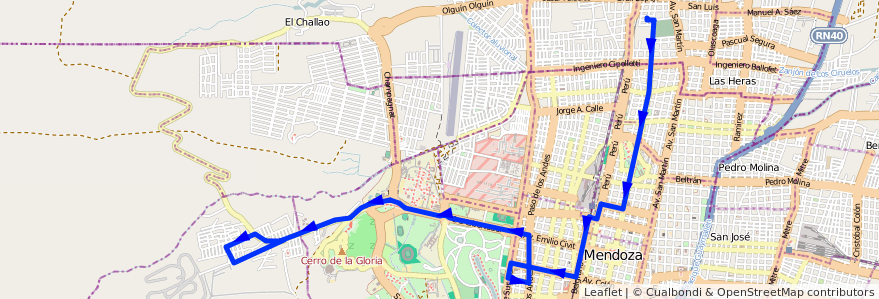 Mapa del recorrido 112 - Escuela Videla Correa - Escuela Sarmiento de la línea G03 en Ciudad de Mendoza.