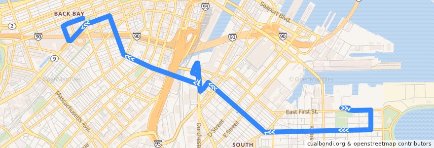Mapa del recorrido MBTA 9: Copley de la línea  en 波士顿 / 波士頓.