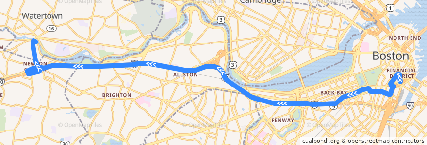 Mapa del recorrido MBTA 504: Watertown de la línea  en 马萨诸塞州 / 麻薩諸塞州 / 麻省.