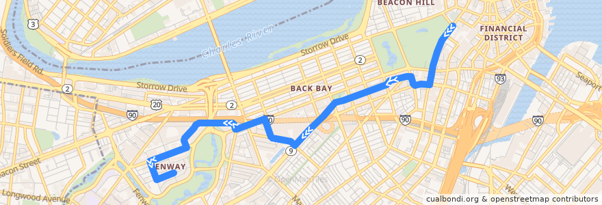 Mapa del recorrido MBTA 55: Queensberry St de la línea  en Boston.
