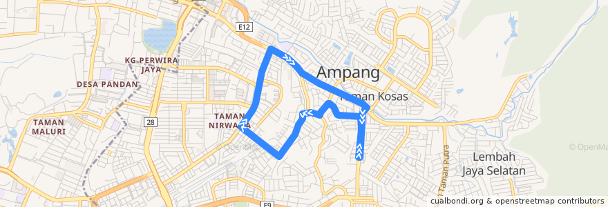 Mapa del recorrido AJ2A: Sri Nilam => Spectrum Mall de la línea  en Majlis Perbandaran Ampang Jaya.