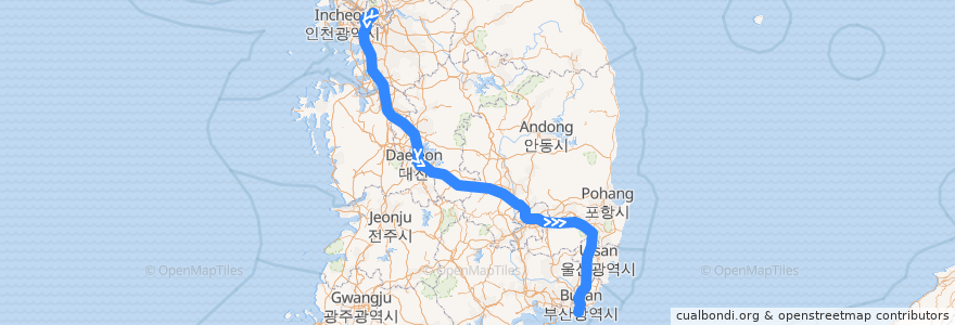 Mapa del recorrido KTX 경부선·경부고속선: 서울역 → 부산역 de la línea  en Corée du Sud.