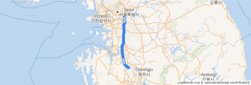 Mapa del recorrido SRT 수서평택고속선·호남고속선: 수서역 → 광주송정역 de la línea  en Corea del Sud.